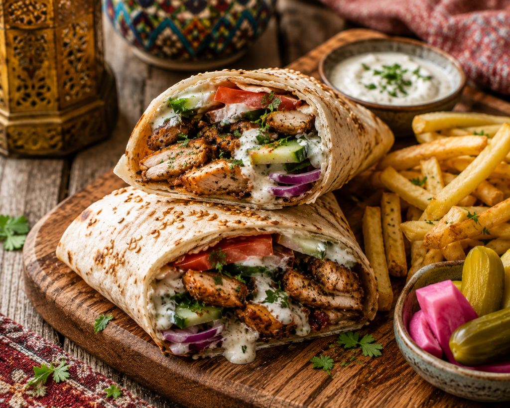 hawarma de poulet maison dans un pain pita avec sauce blanche et légumes