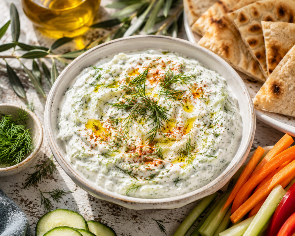 Professional Greek food photography, creamy traditional tzatziki sauce in a white ceramic bowl, thick textured yogurt with grated cucumber, fresh dill sprigs, drizzle of golden olive oil on top, sprinkle of paprika, served with warm pita bread triangles and fresh vegetables on the side, rustic Mediterranean table with olive branches, bright natural daylight, top-down 45 degree angle, fresh and authentic Greek aesthetic, white and green color palette, magazine quality, summer mood