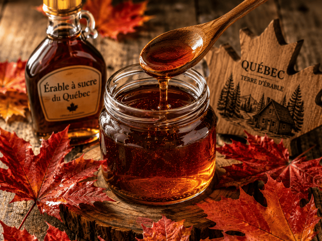 Sirop d'érable pur du Québec dans un pot en verre avec cuillère en bois