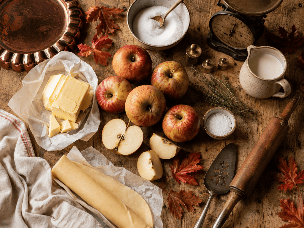 Ingrédients pour tarte tatin française : pommes beurre sucre pâte brisée